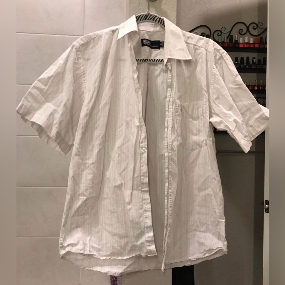 Lightly Striped Button Up Polo- Mens - Ralph Lauren Large
